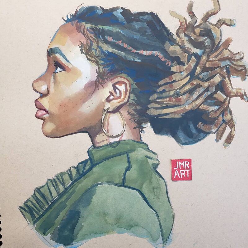 Profile portrait of a girl with textured hair and green attire.