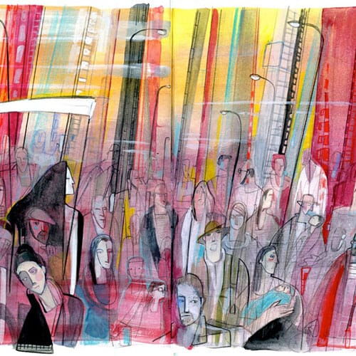 Colorful urban scene with diverse people and abstract cityscape elements.