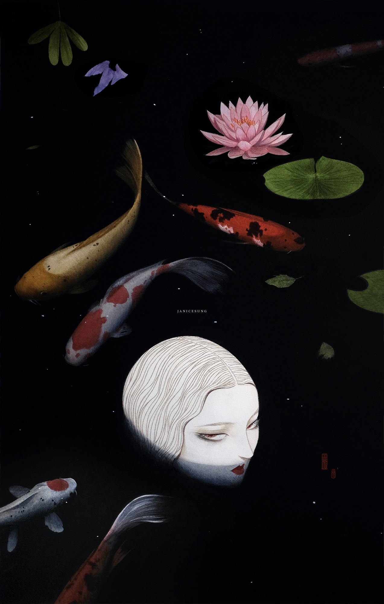 Surreal artwork featuring koi fish and a serene woman amidst water lilies.