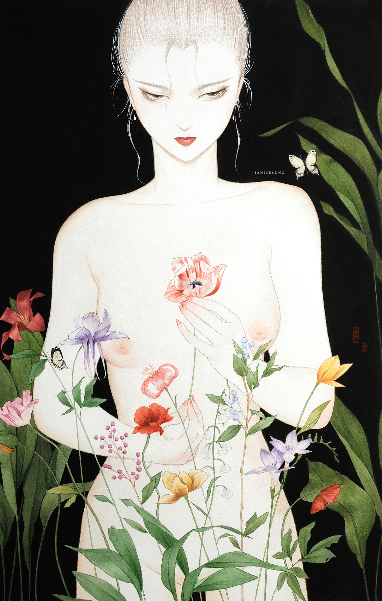 Artistic representation of a woman surrounded by vibrant flowers on a black background.
