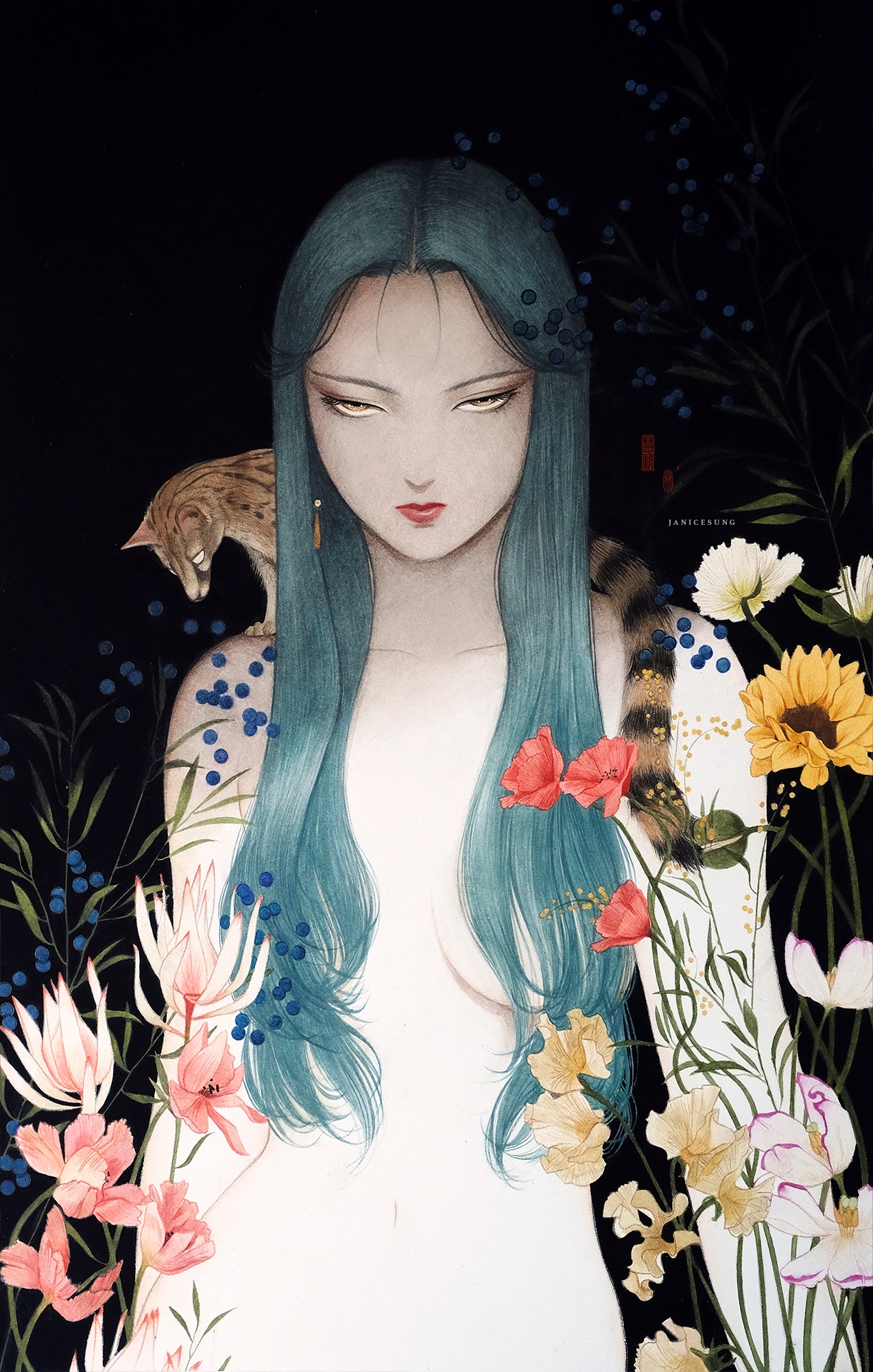 "Enchanting woman with blue hair surrounded by colorful flowers and a cat."