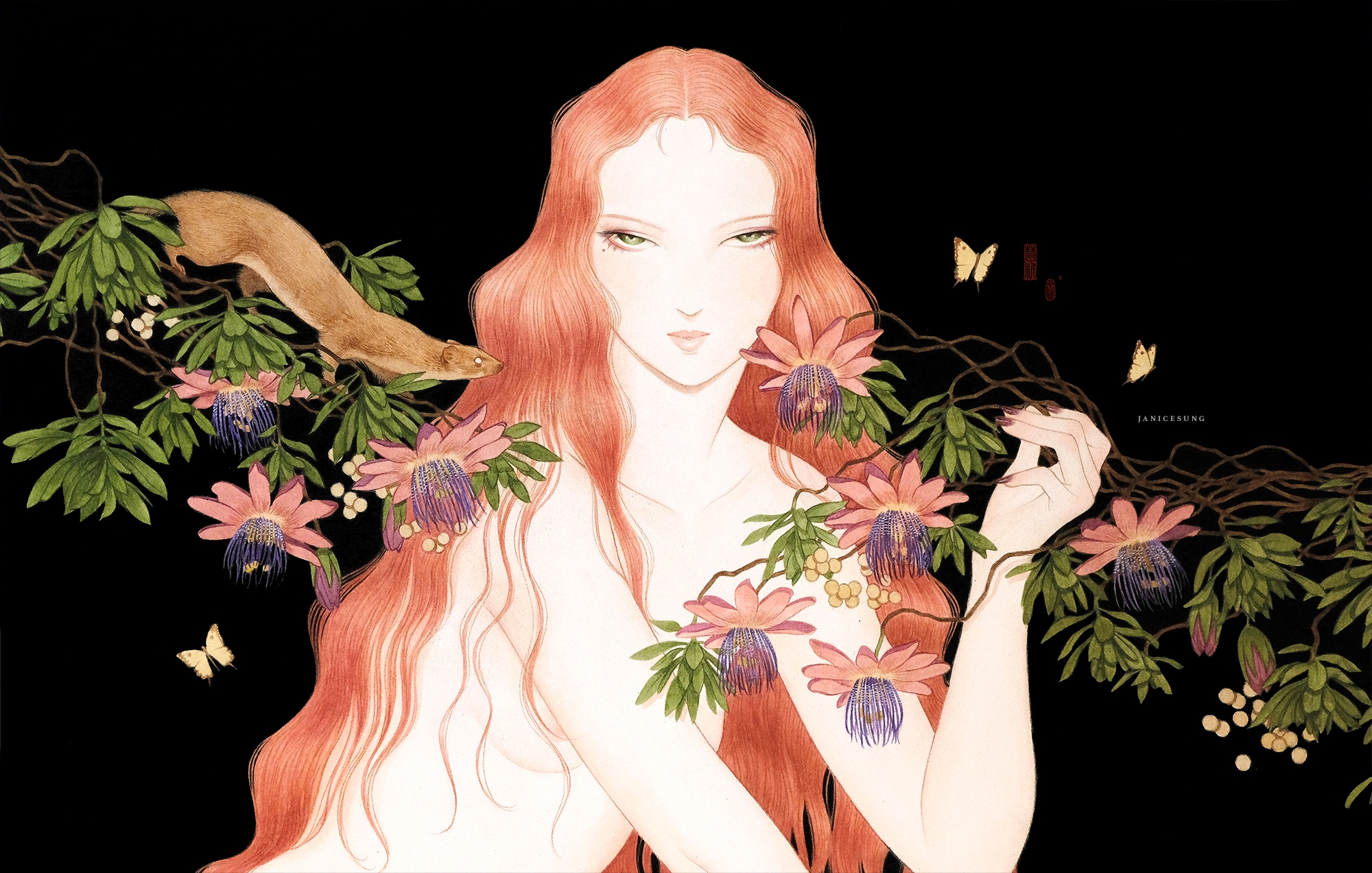 Artistic illustration of a woman with flowers and a small animal.