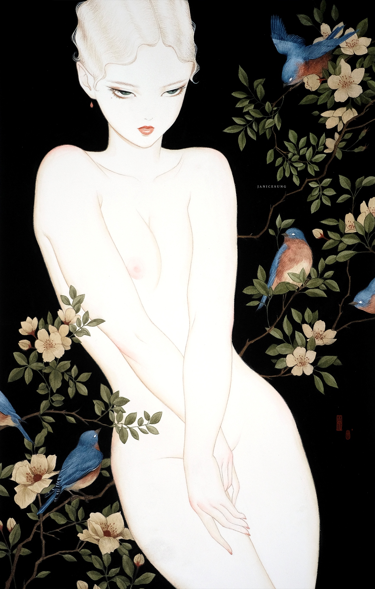 "Elegant nude figure surrounded by flowers and bluebirds on a dark background."