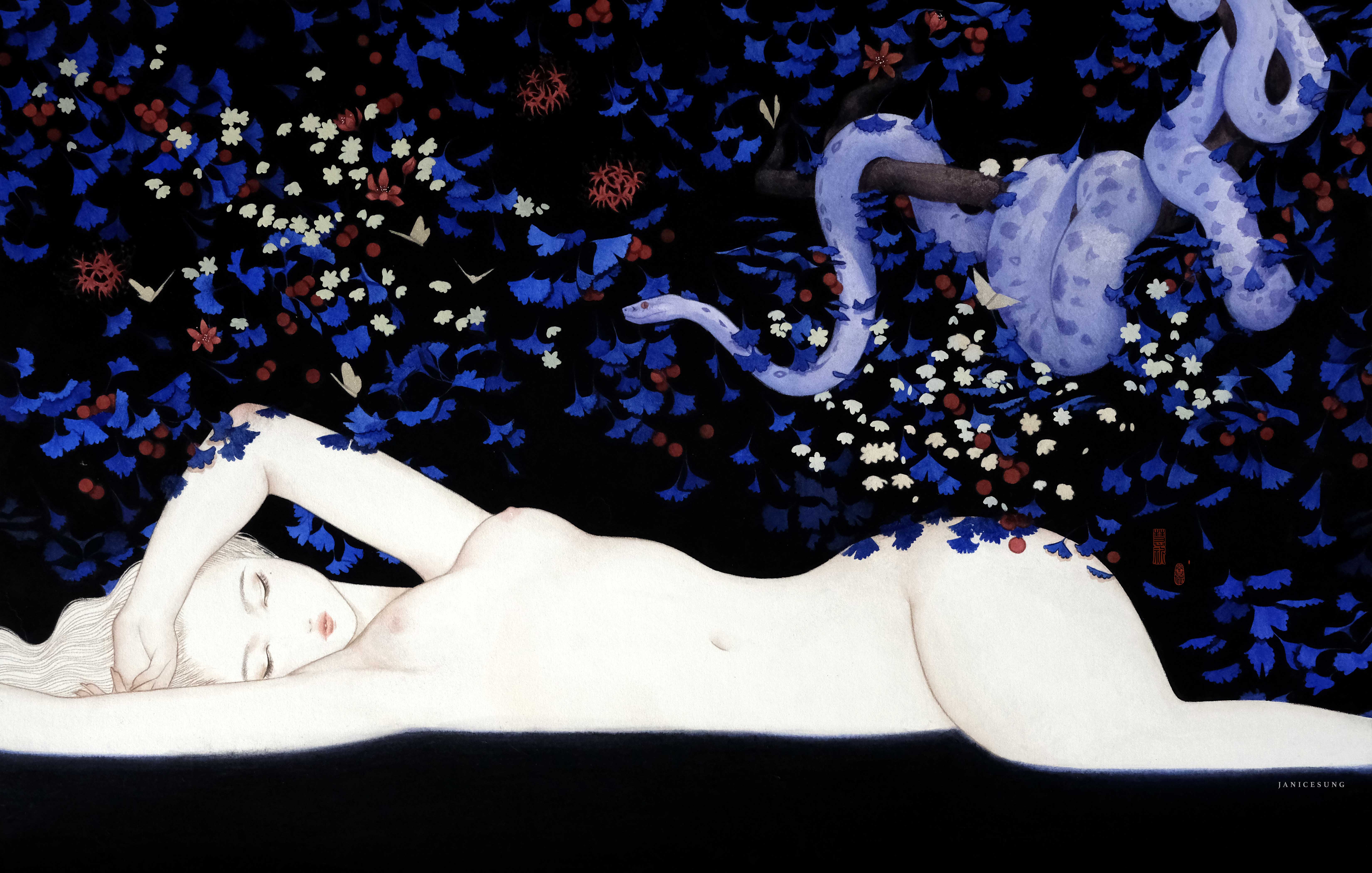 "Serene nude surrounded by vibrant blue flowers and a mystical snake."