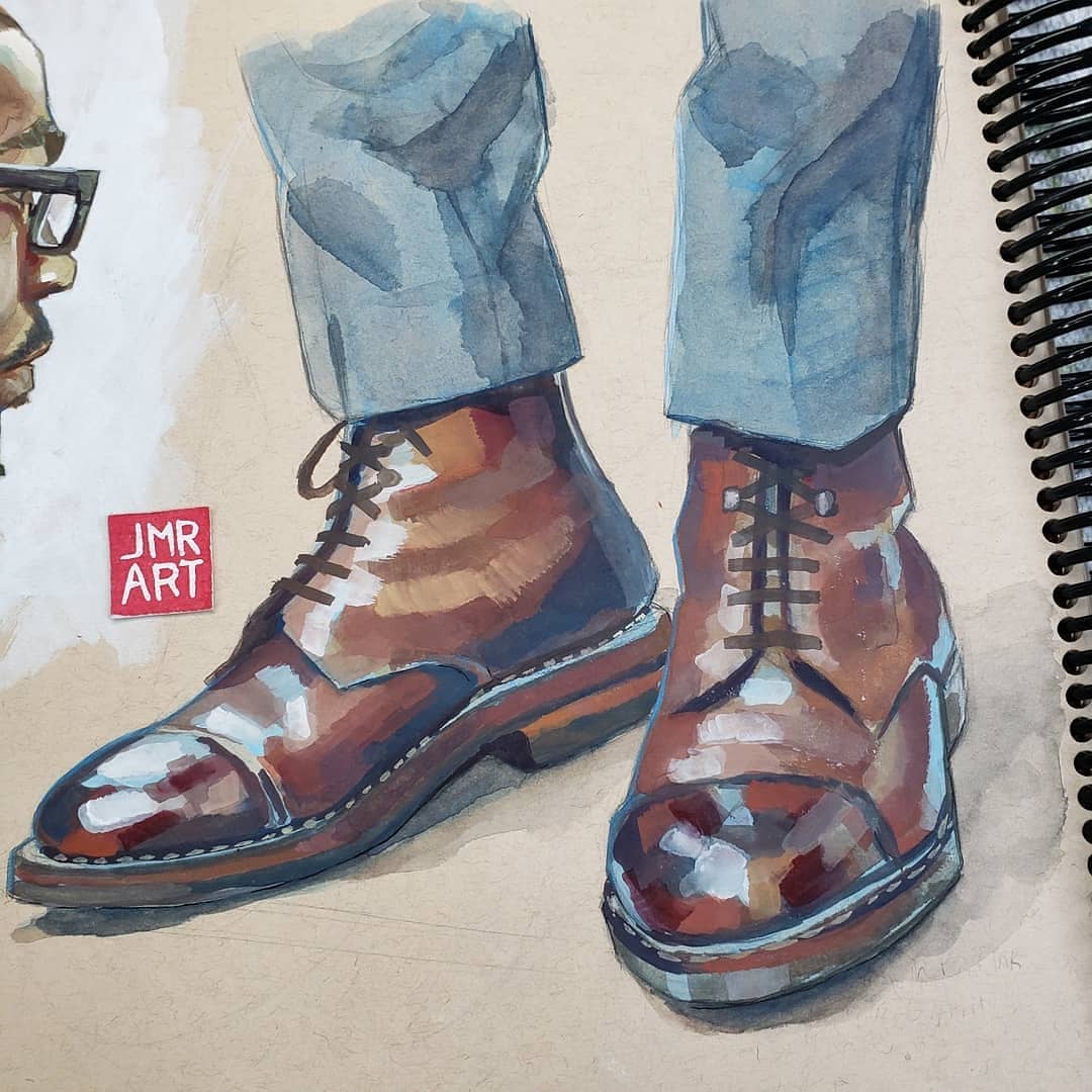 "Stylish brown leather boots with tailored pants in watercolor art."