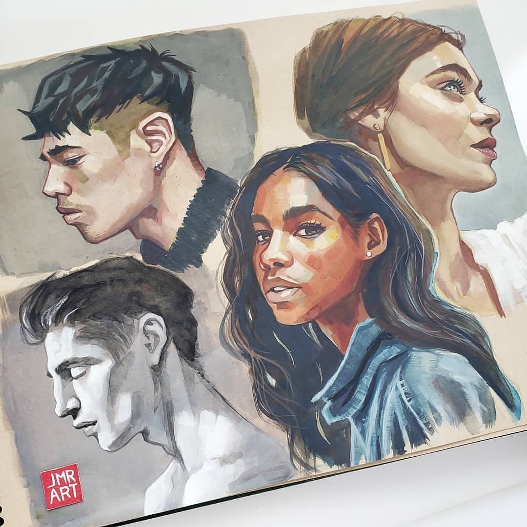 "Colorful portrait art featuring diverse faces and unique hairstyles in a sketchbook."