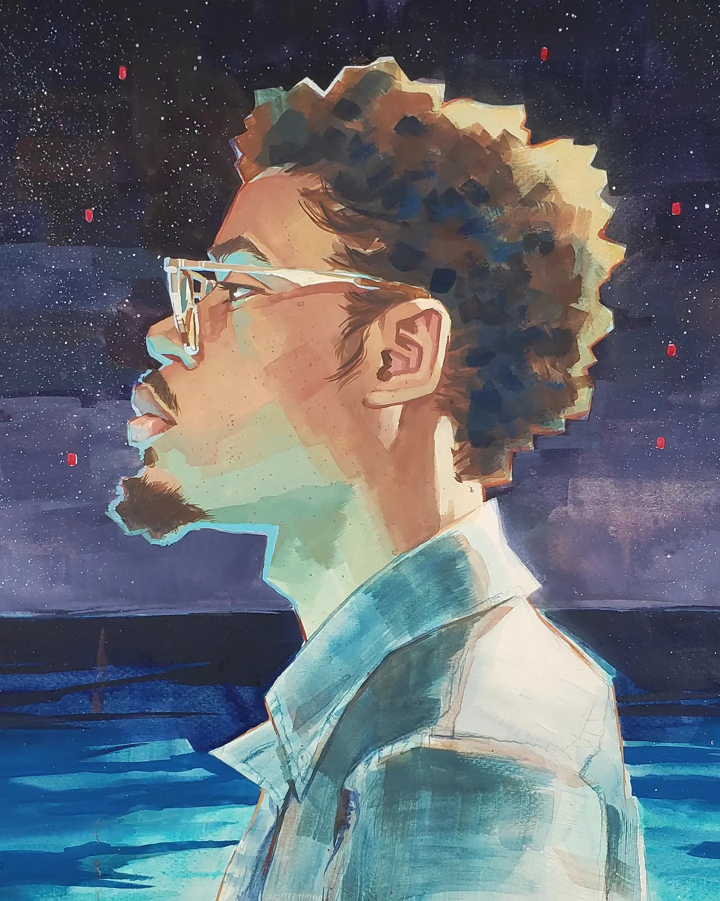 "Abstract portrait of a man gazing at a starry night sky."