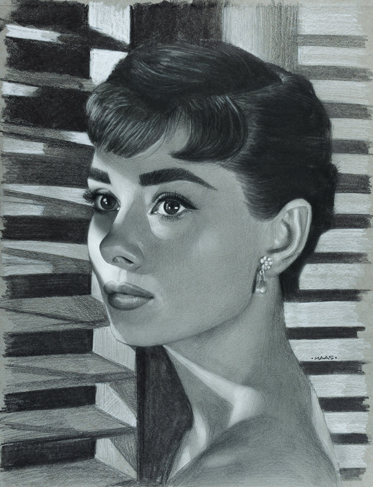 Elegant portrait of a woman with classic hairstyle and jewelry.