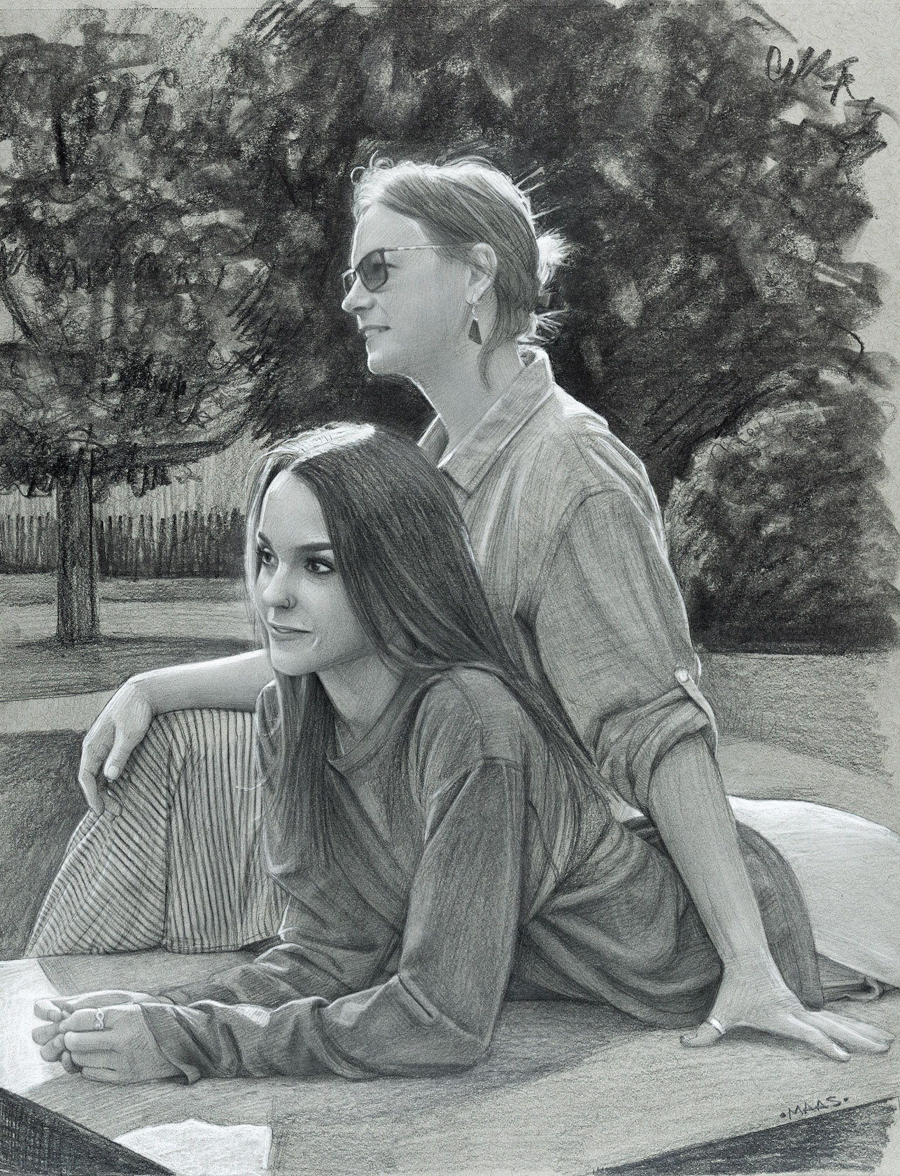 Graphite drawing of two women seated outdoors, showcasing bonds and connection.