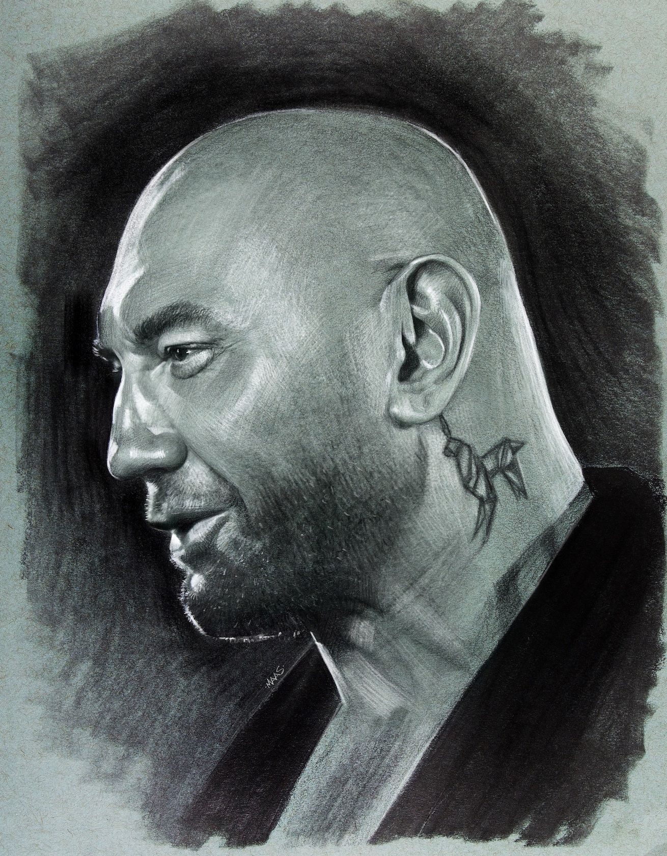 "Detailed black and white portrait of a muscular man in profile."