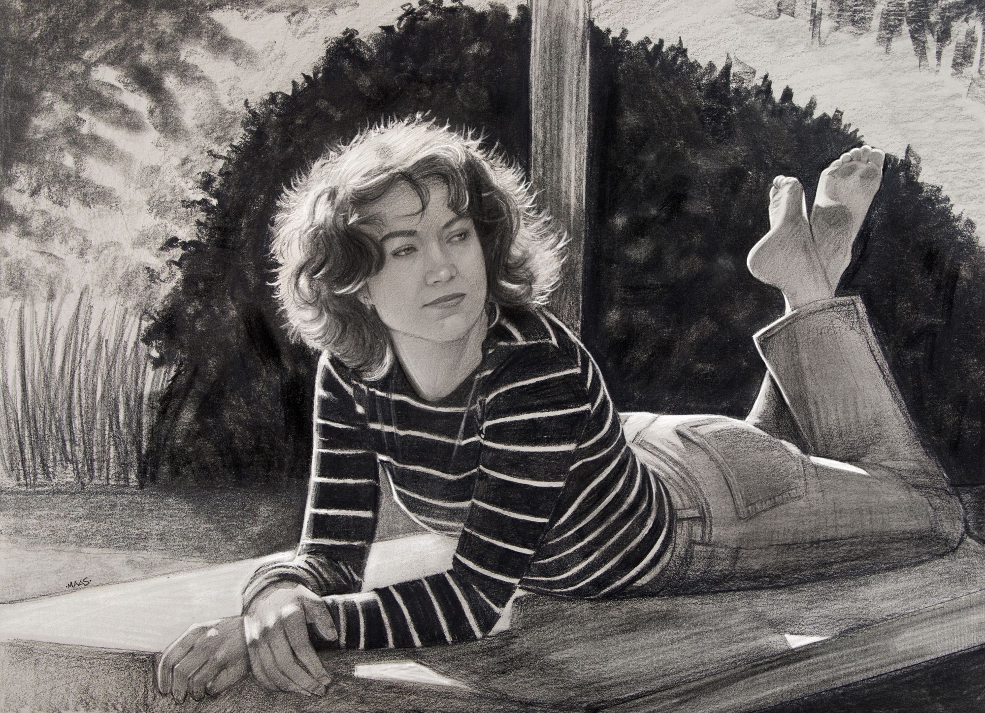 "Monochrome drawing of a woman lounging outdoors in a striped shirt."