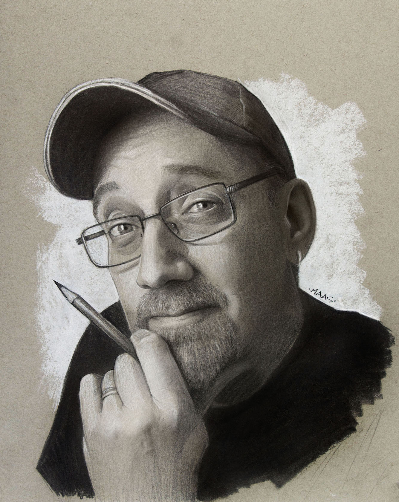 "Portrait of a man with glasses and pencil, thoughtful expression."