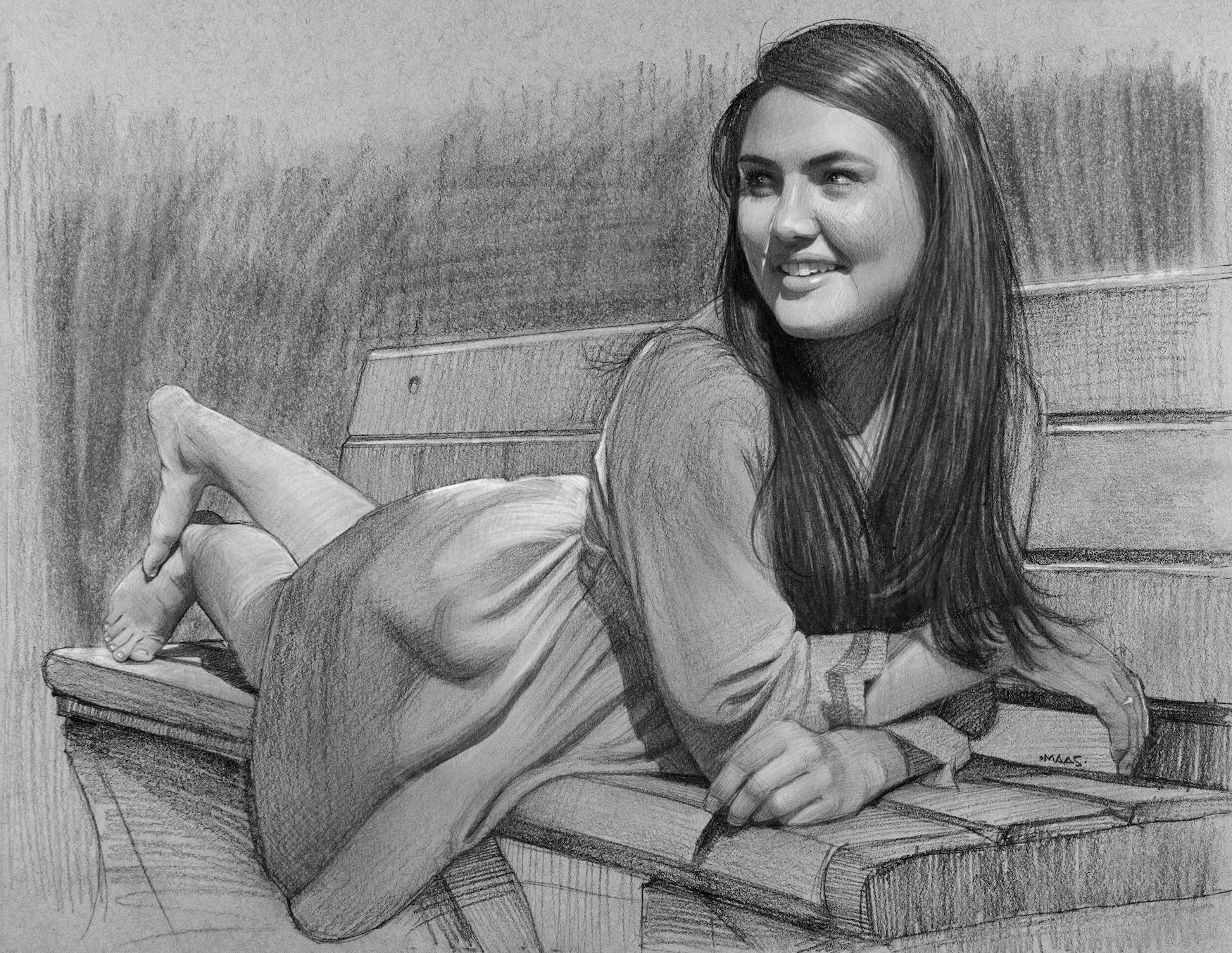 "Realistic pencil drawing of a woman lounging on a wooden bench."