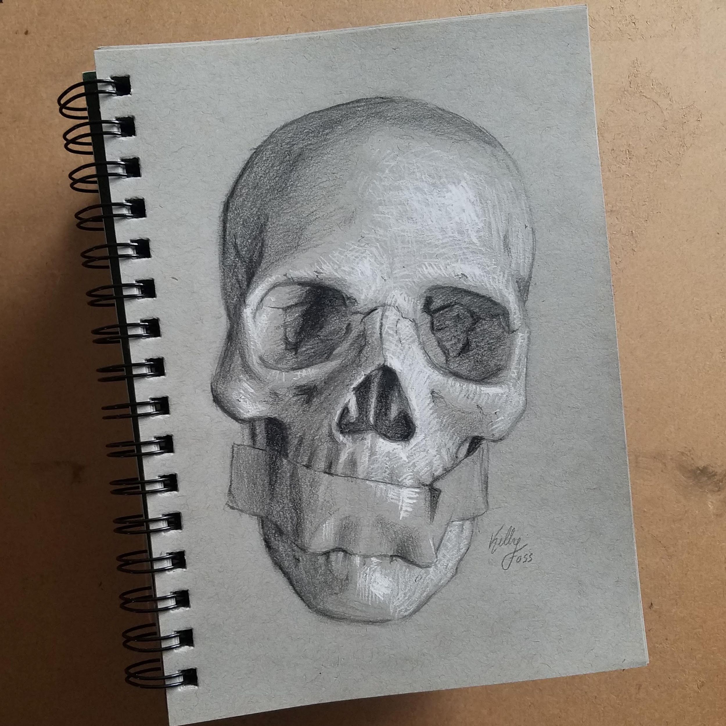Detailed pencil sketch of a skull with tape over its mouth.