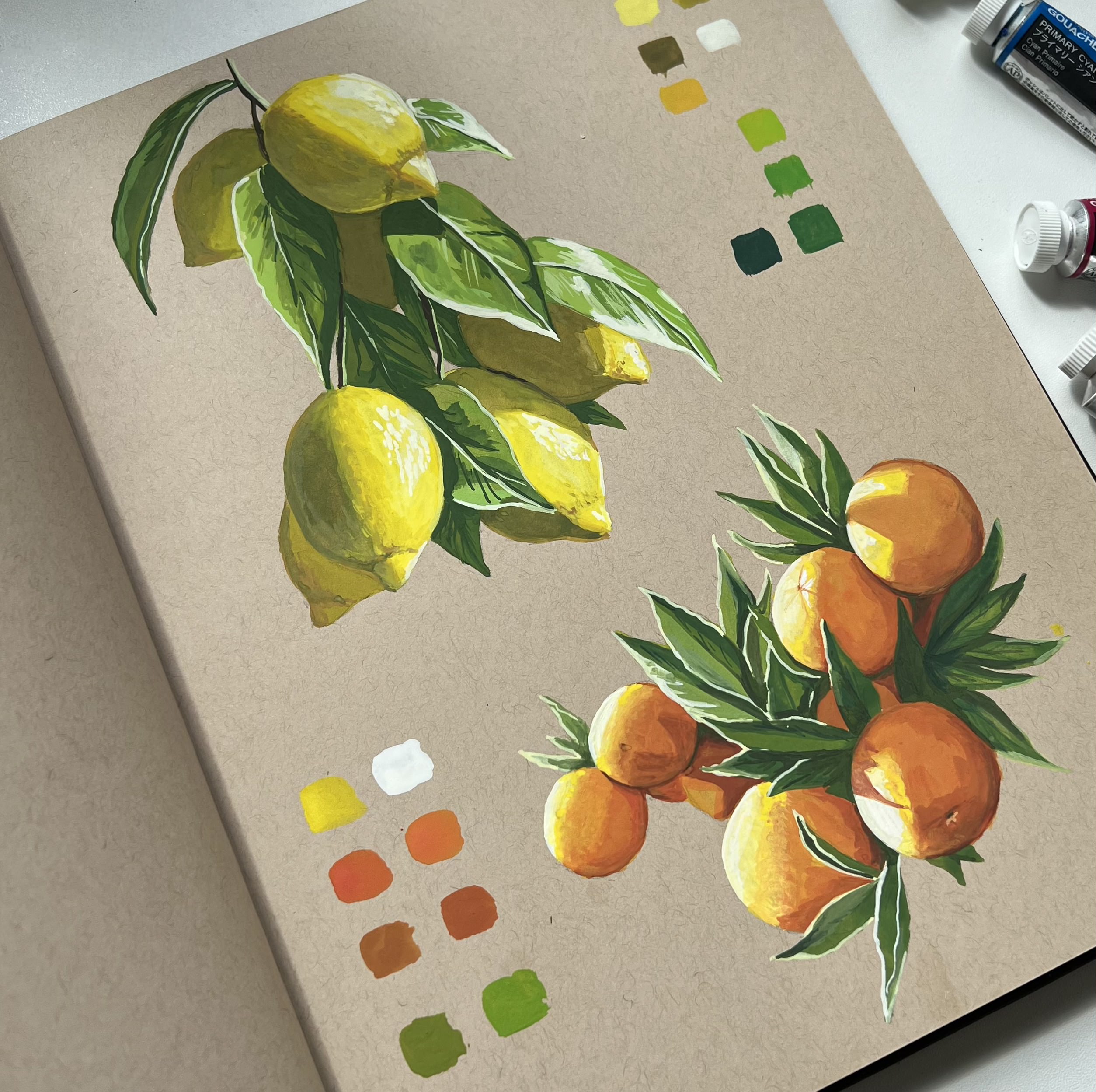 "Hand-painted lemons and oranges with vibrant color palette on textured background."