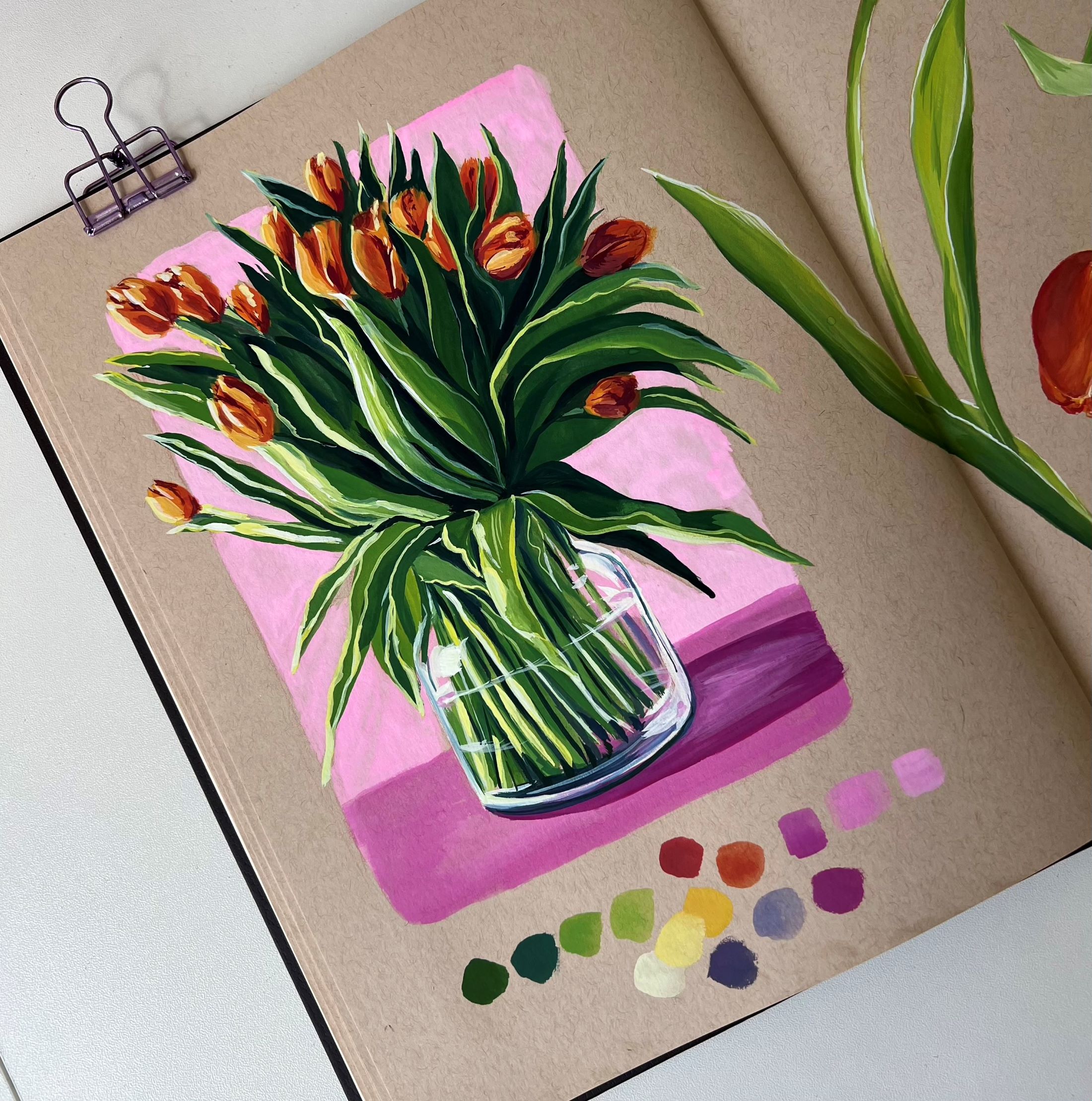 "Vibrant bouquet of tulips in a glass vase, artistically painted."