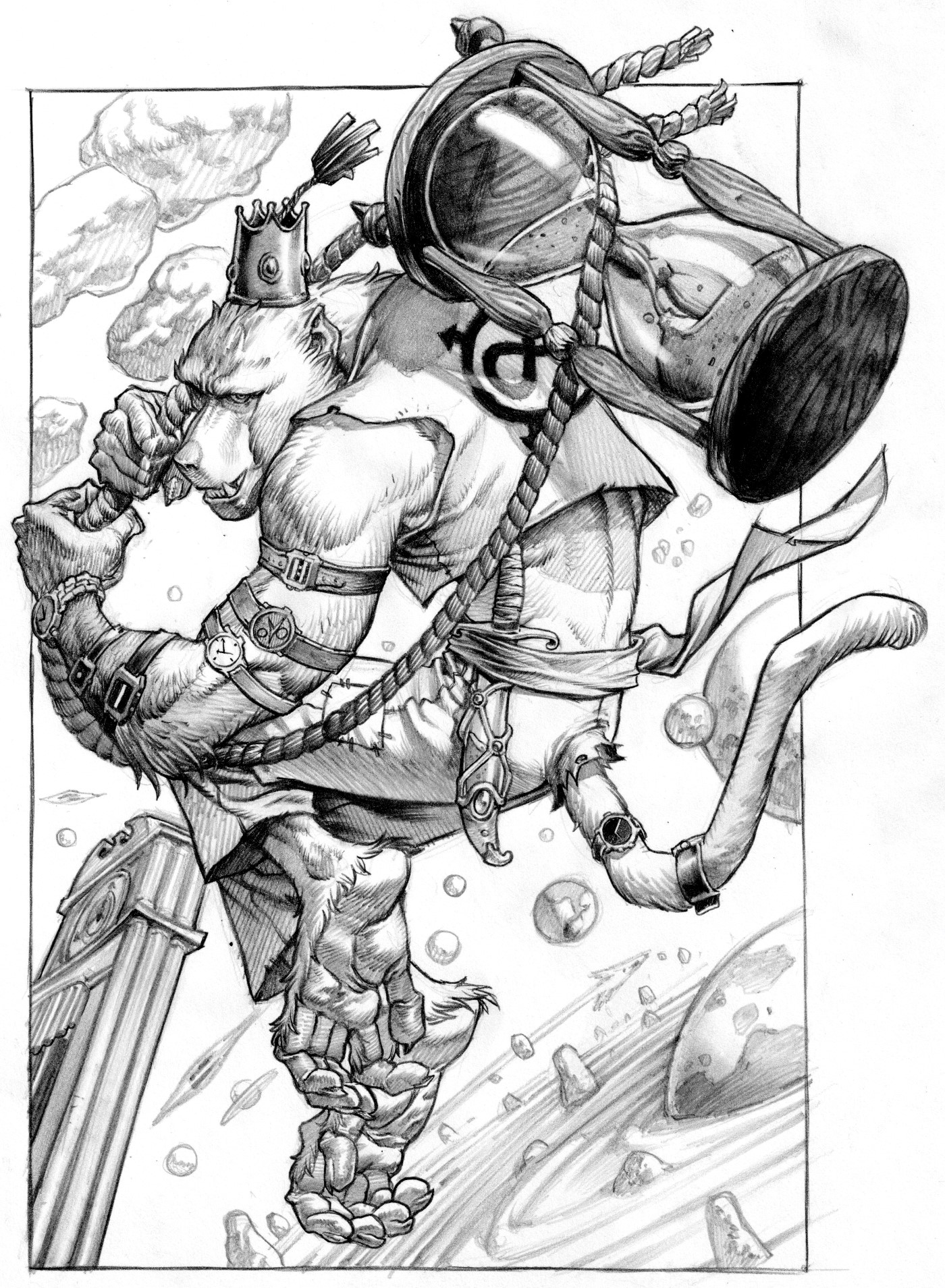 "Stylized bear character holding an hourglass in a cosmic scene."