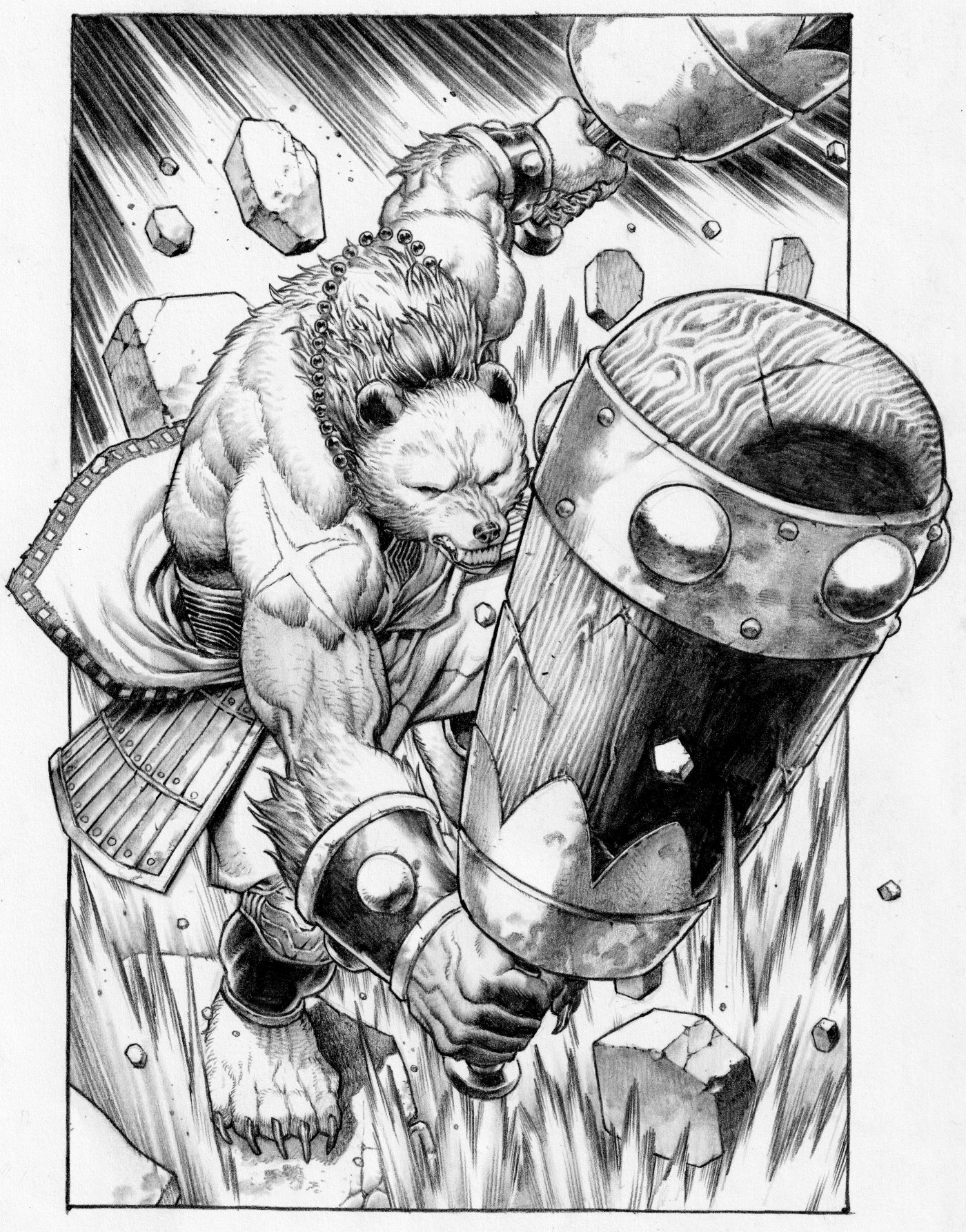 "Fierce bear warrior wielding a large hammer in an action-packed scene."