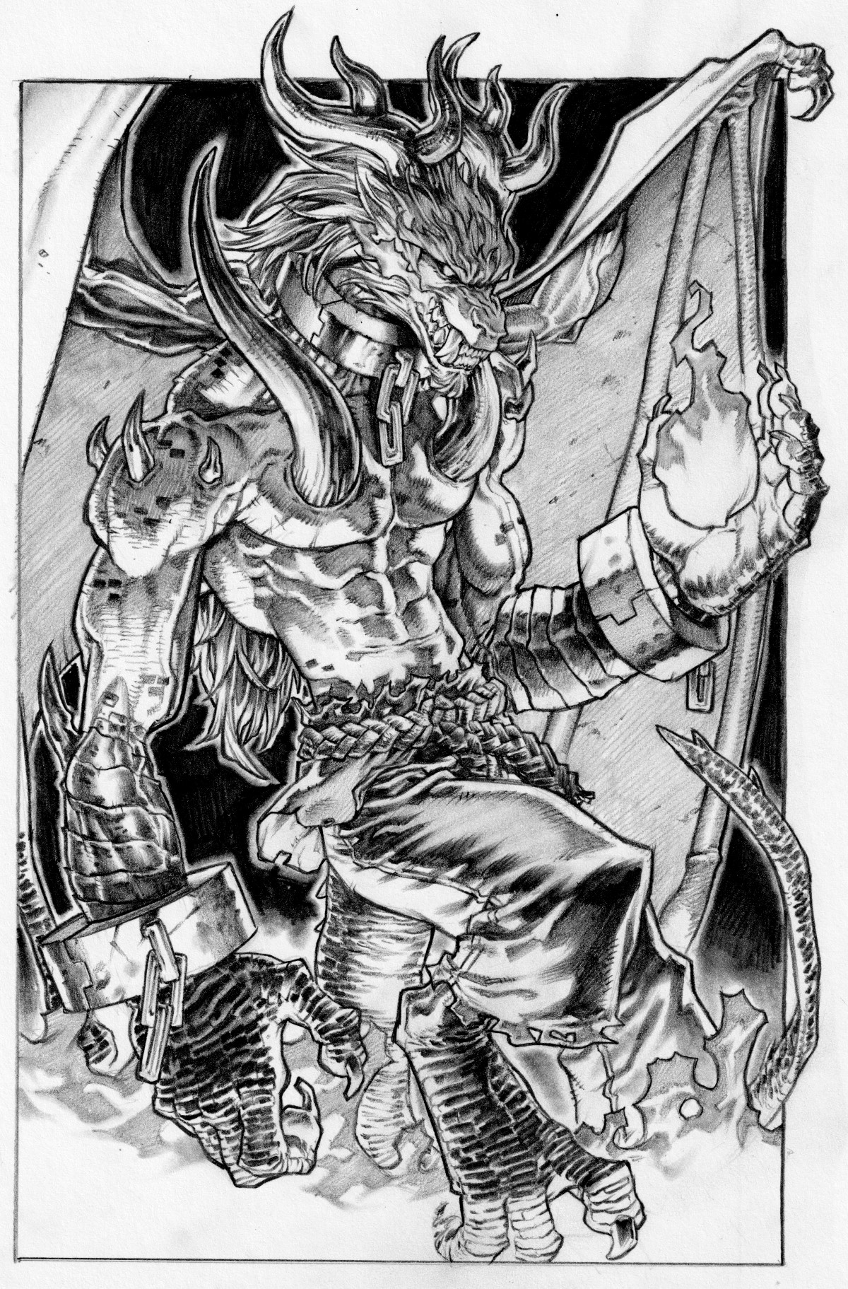 Mythical beast with chains and flames, showing strength and ferocity in artwork.