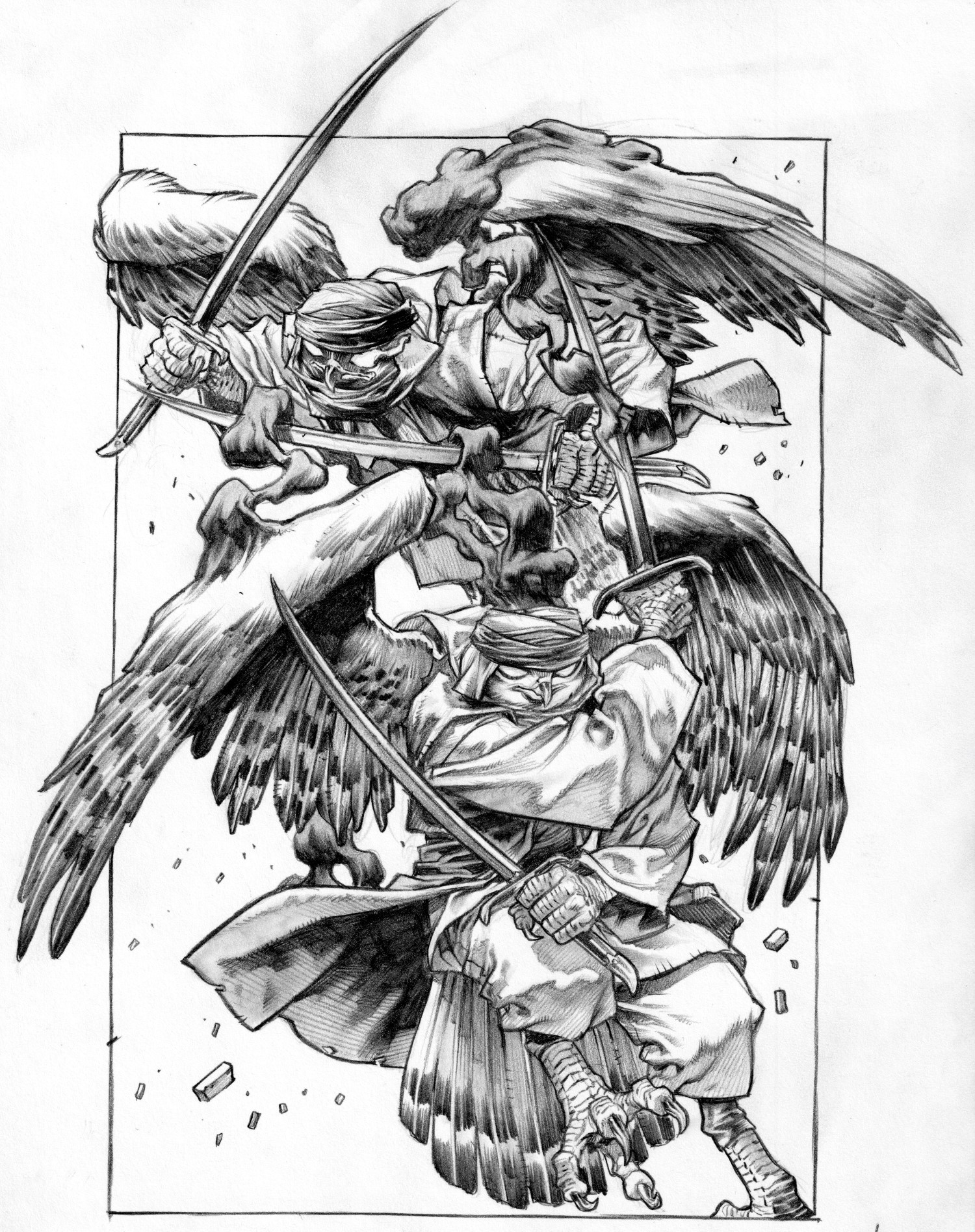 "Dynamic battle scene featuring ninjas with swords and bird-like elements."
