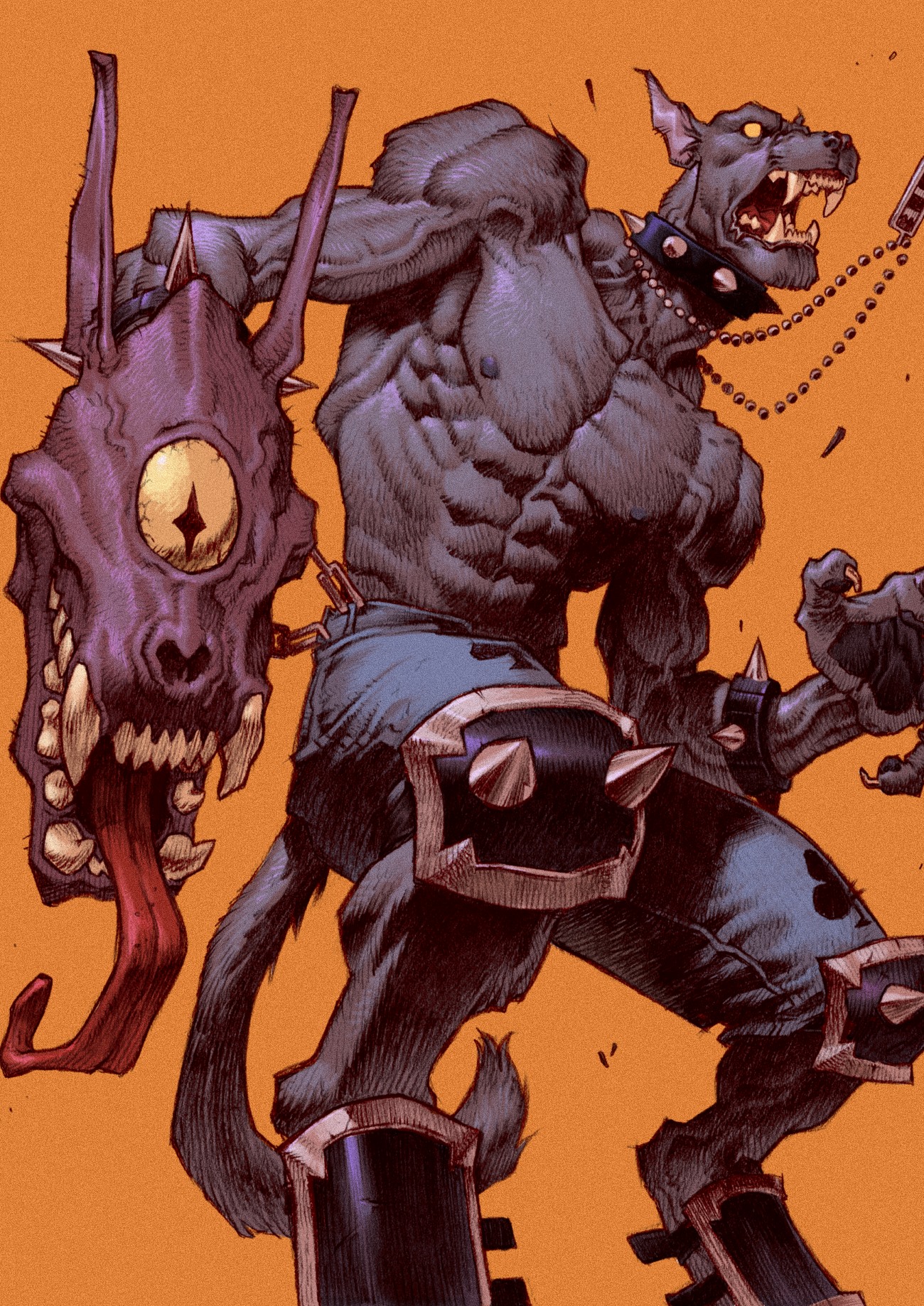 "Muscular creature with a gnarled dog head on orange background."