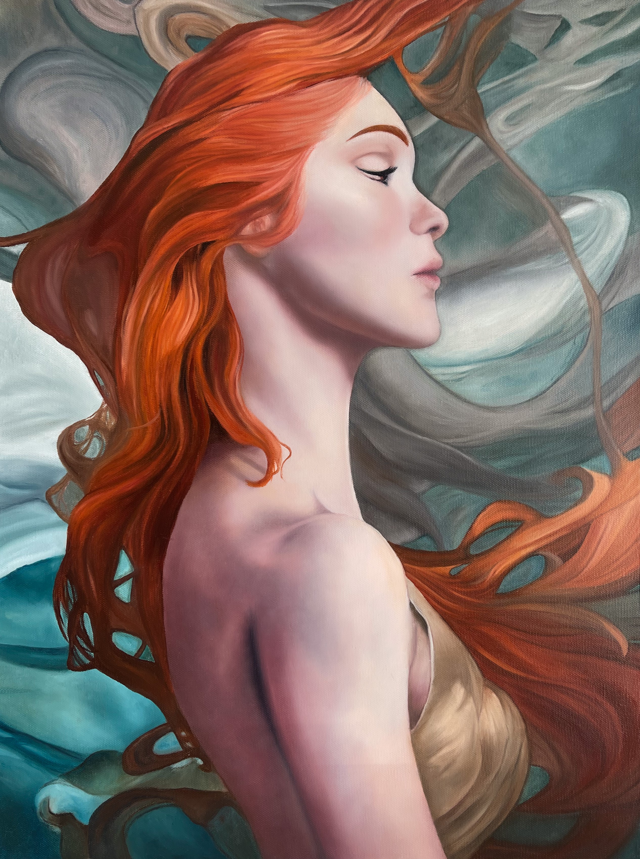 "Profile of a woman with flowing red hair and ethereal background."