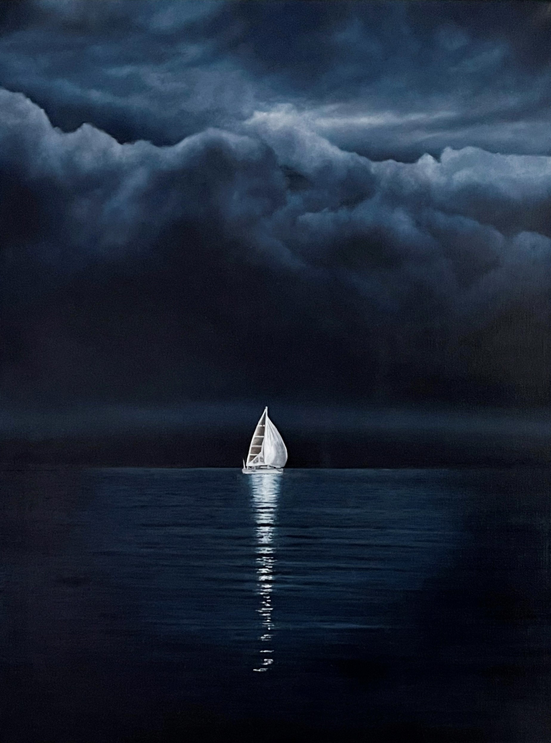 Lonely sailboat illuminated on dark, stormy waters under dramatic clouds.