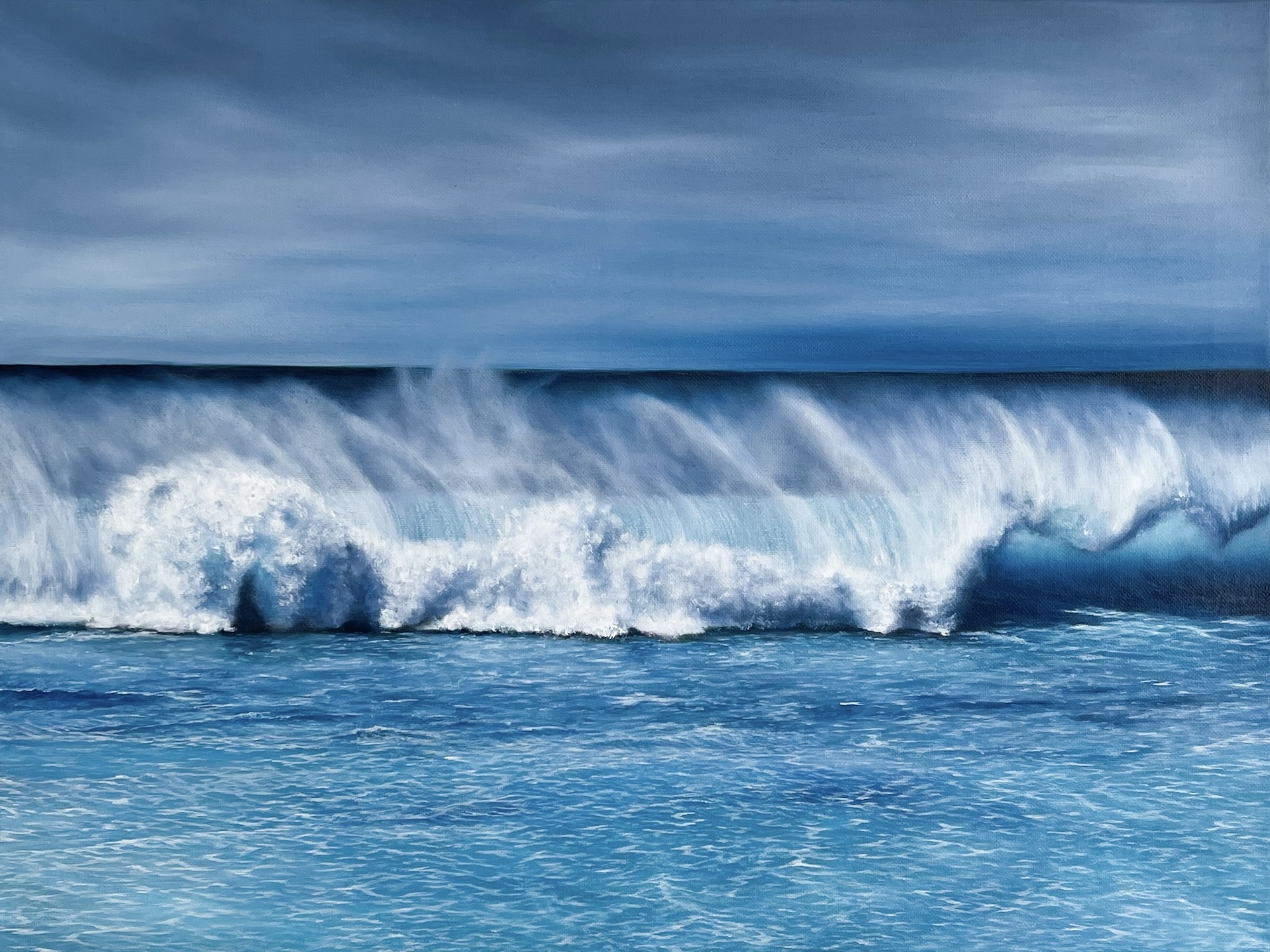 "Vibrant ocean wave painting with serene blue hues and dramatic clouds."