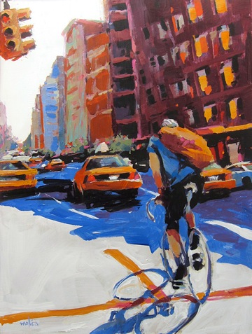 "Colorful city scene with cyclist and yellow taxis in urban traffic."