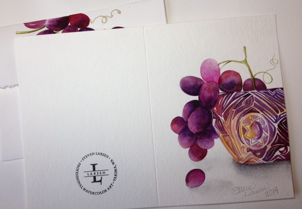 "Watercolor artwork of purple grapes and decorative background by Steven Larsen."