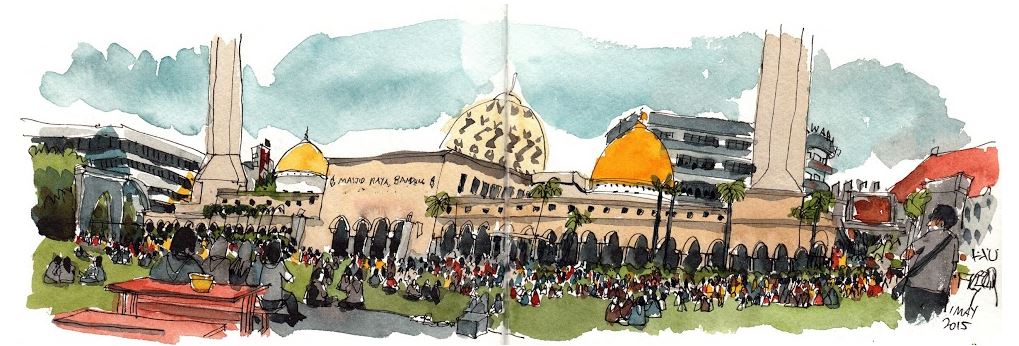 "Illustration of crowds at a mosque with golden domes and green space."